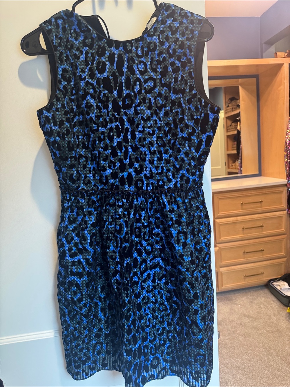 Victoria Beckham Blue and Black Leopard Print Sleeveless Mini Dress